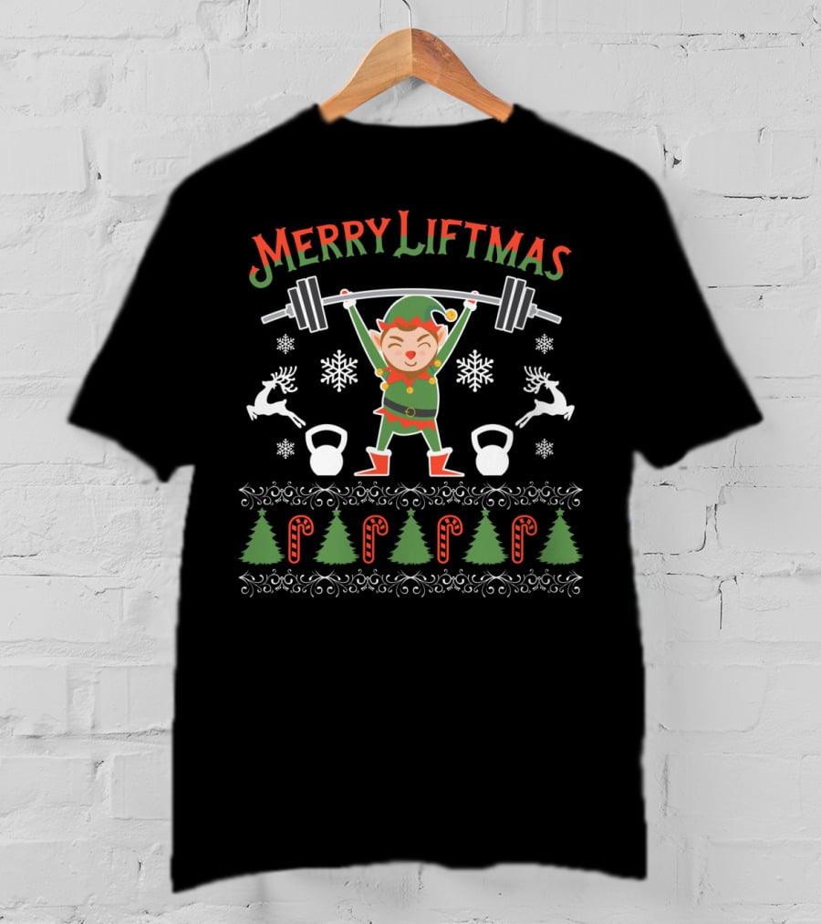 Merry Liftmas Elf Workout With Weights And Christmas Symbols T-Shirt