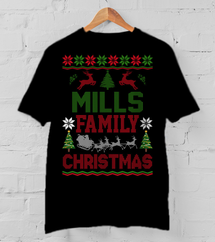 Mills Family Christmas Reindeer Sleigh Ugly Sweater Holiday Trees T-Shirt