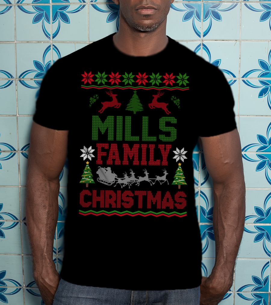 Mills Family Christmas Reindeer Sleigh Ugly Sweater Holiday Trees T-Shirt