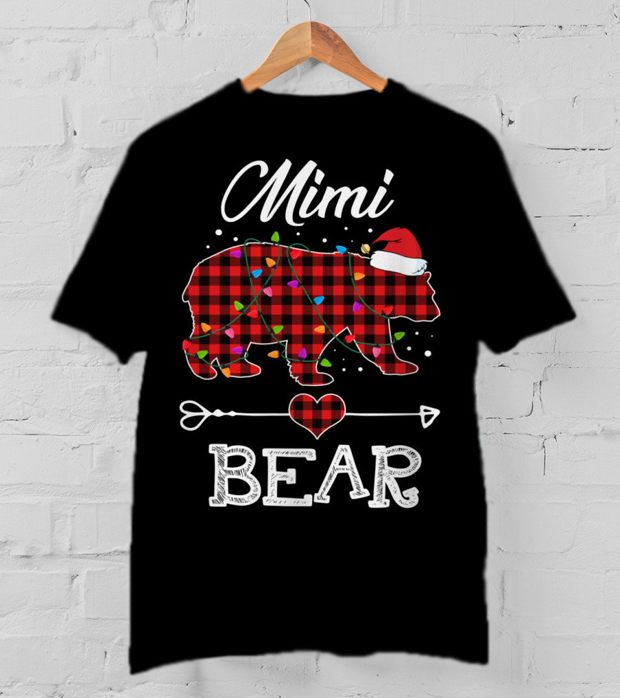 Mimi Bear Christmas Red Plaid Buffalo Santa Hat Lights T-Shirt