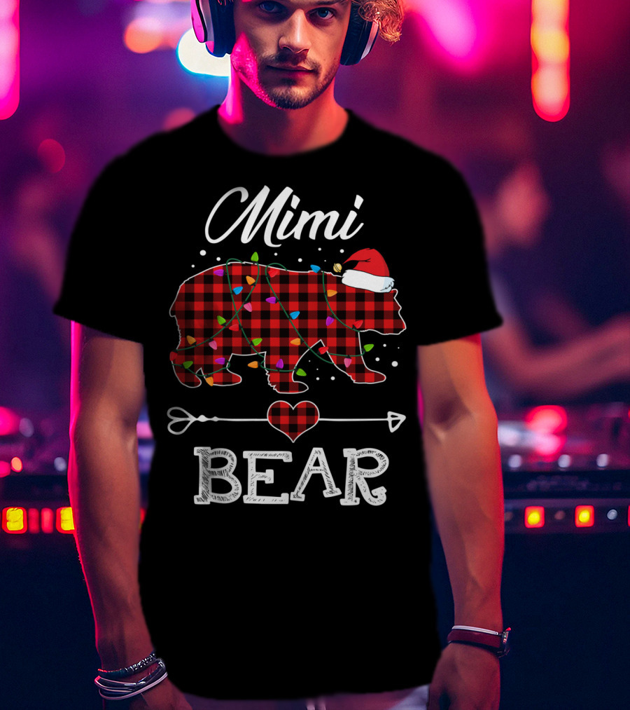 Mimi Bear Christmas Red Plaid Buffalo Santa Hat Lights T-Shirt