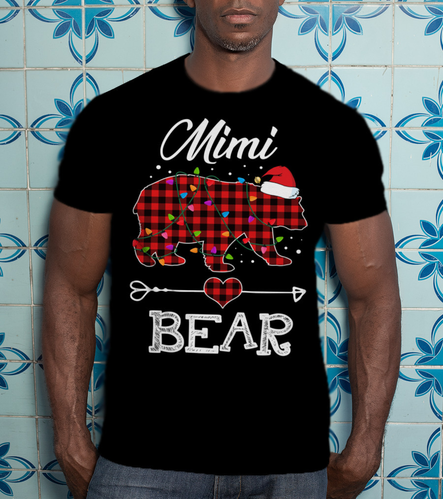 Mimi Bear Christmas Red Plaid Buffalo Santa Hat Lights T-Shirt