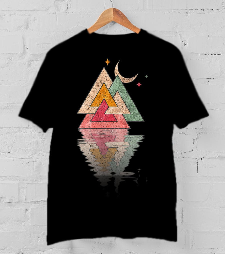 Minimal Mountains Valknut Geometry Moon Reflection T-Shirt