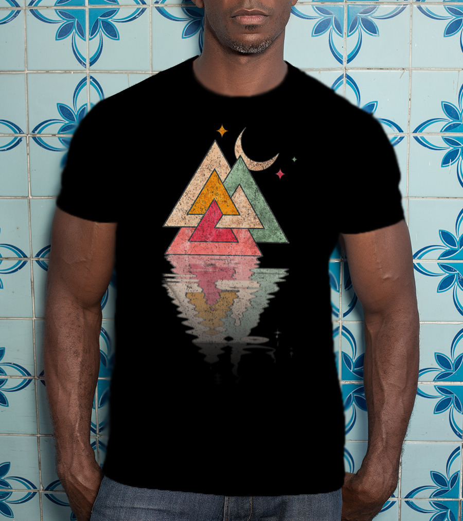 Minimal Mountains Valknut Geometry Moon Reflection T-Shirt