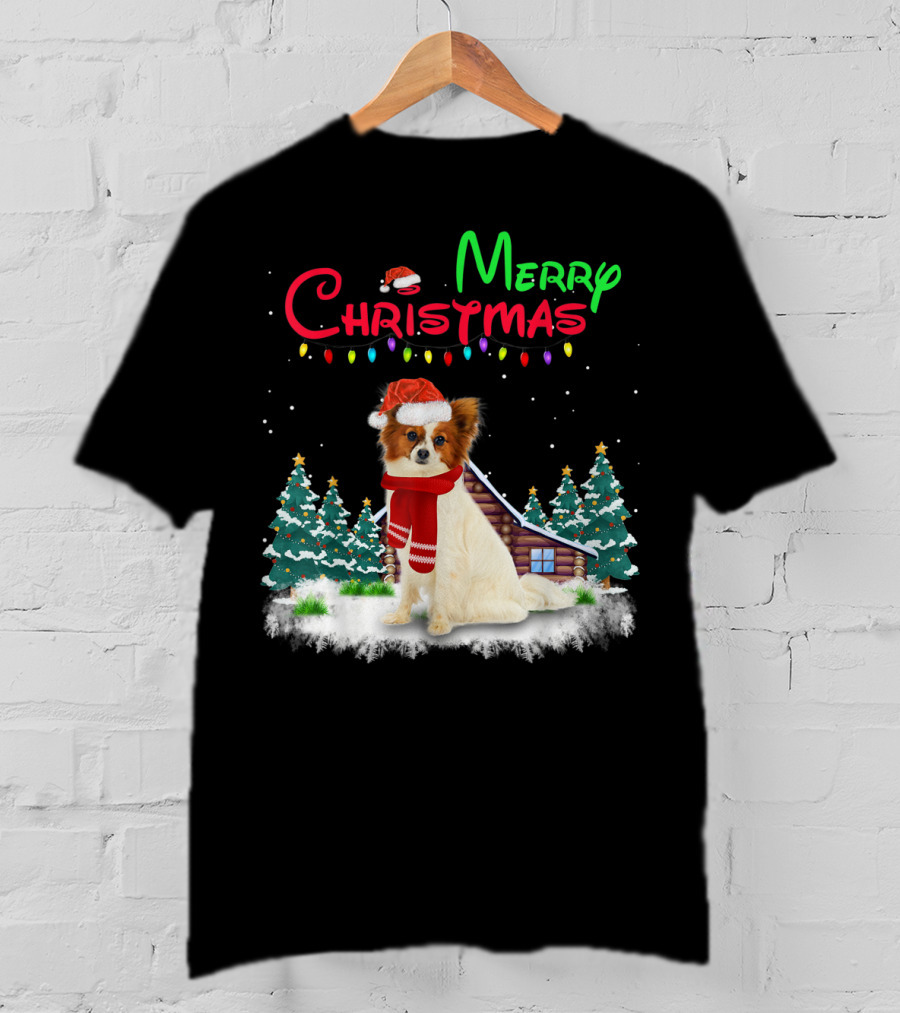 Papillon Dog With Santa Hat And Christmas Lights In Snowy Holiday Scene T-Shirt