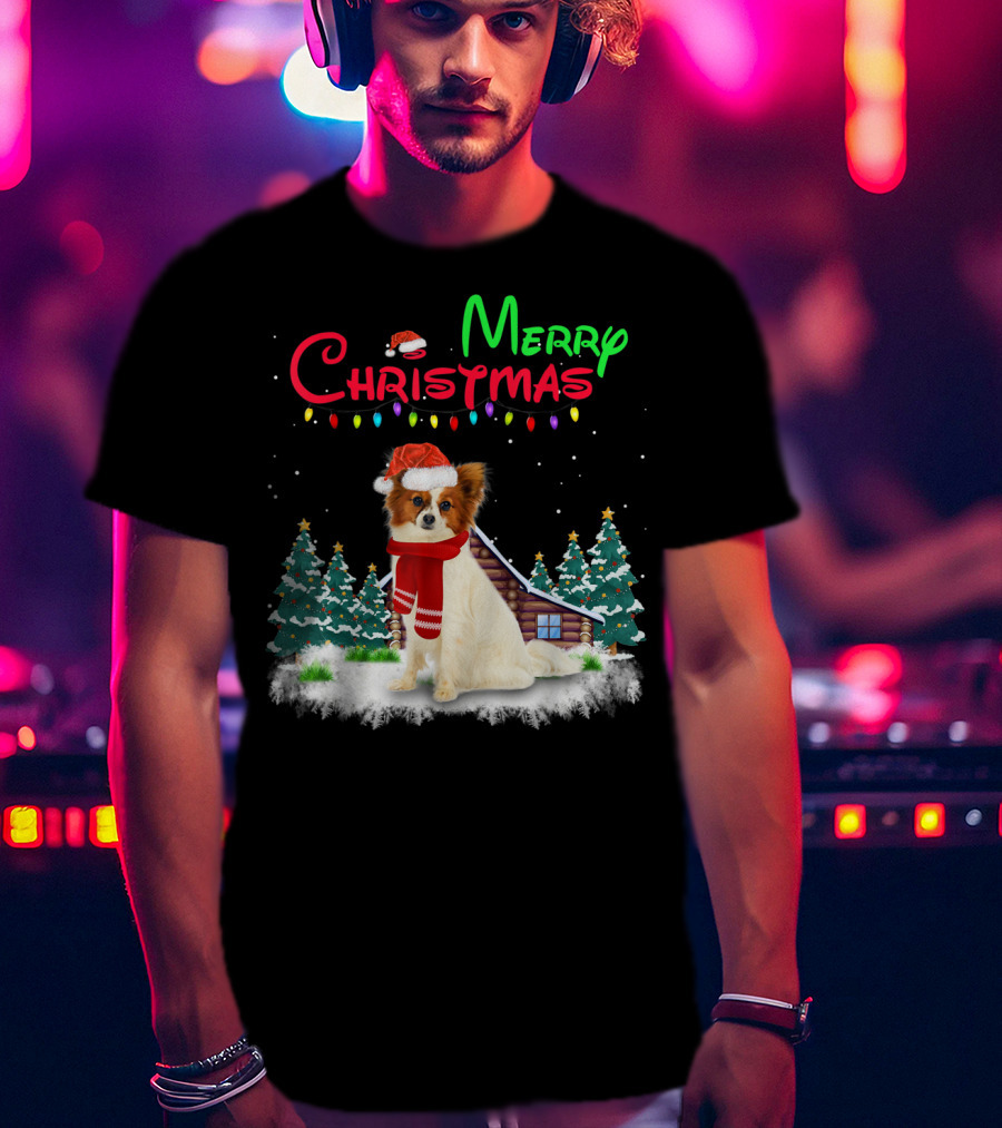 Papillon Dog With Santa Hat And Christmas Lights In Snowy Holiday Scene T-Shirt