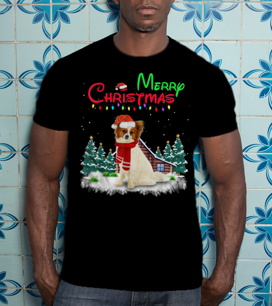 Papillon Dog With Santa Hat And Christmas Lights In Snowy Holiday Scene T-Shirt