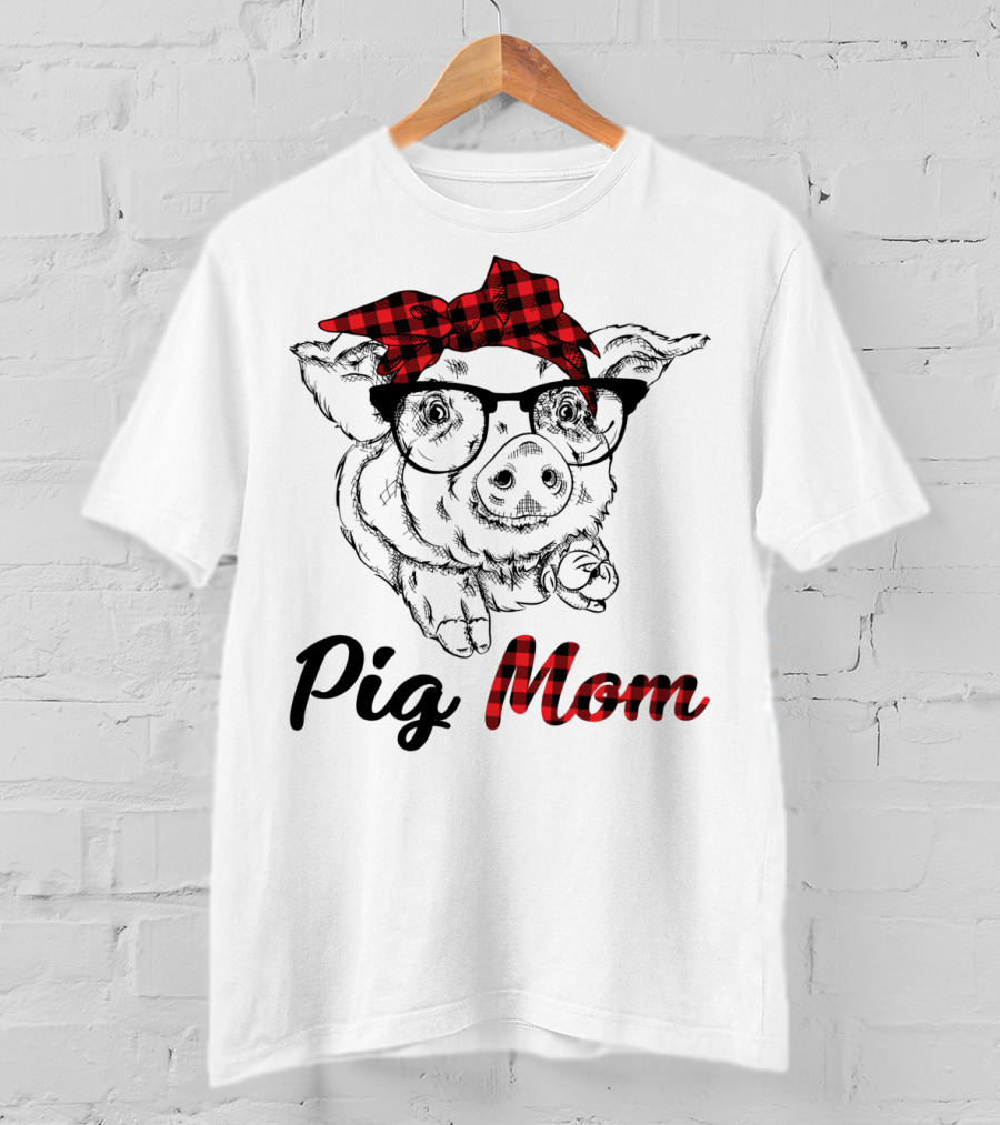 Pig Mom Piggy Outfit Mother Plaid Bow Glasses T-Shirt
