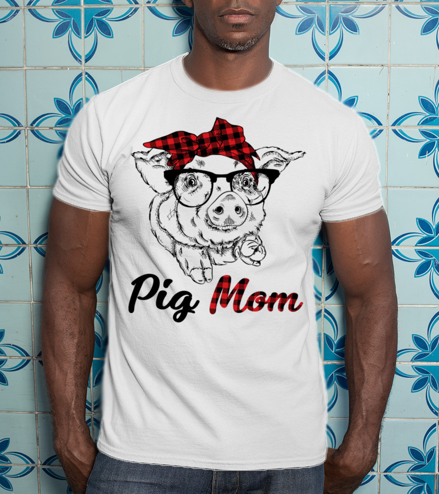Pig Mom Piggy Outfit Mother Plaid Bow Glasses T-Shirt