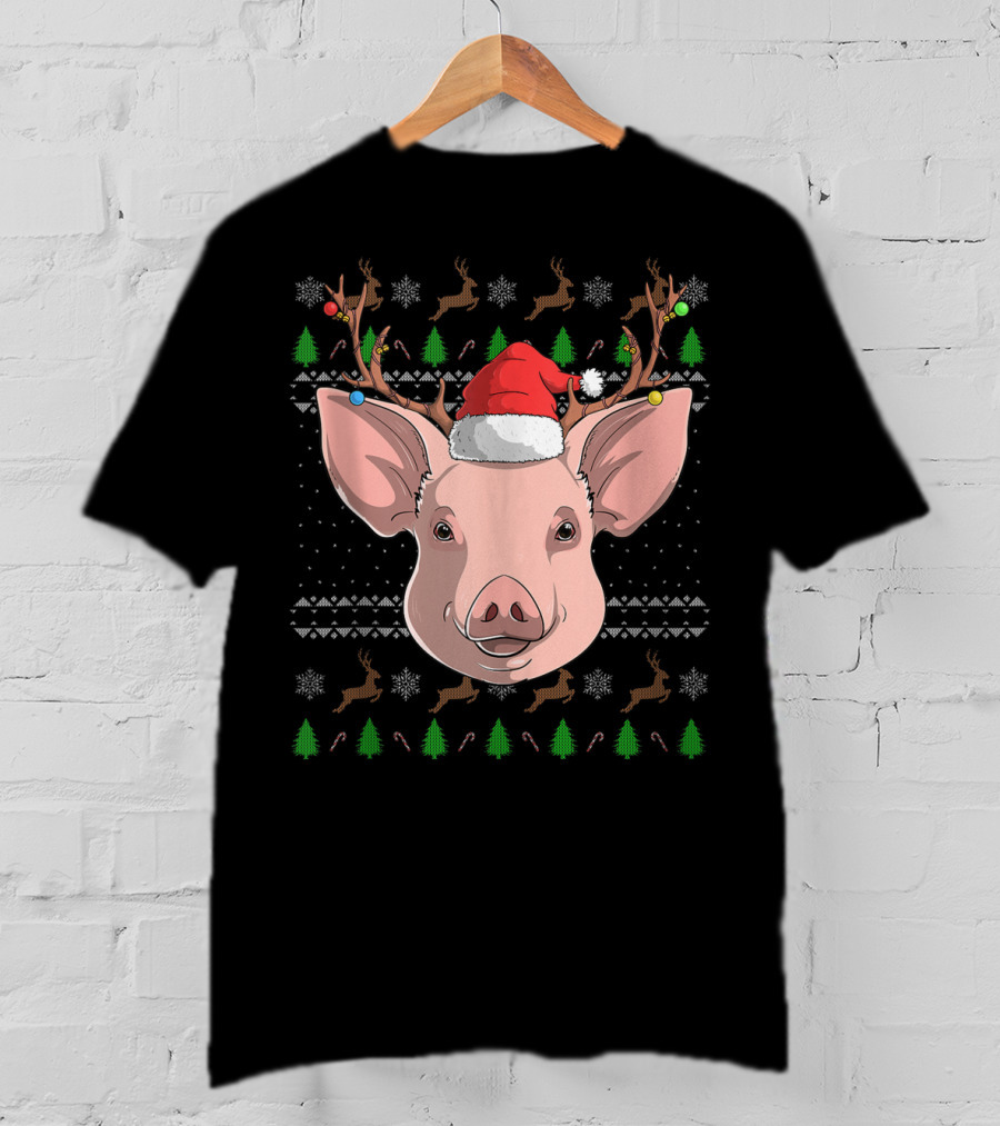 Pig Santa Claus Hat Reindeer Antlers Christmas Ornaments T-Shirt