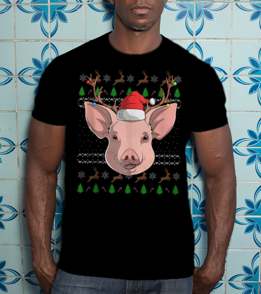 Pig Santa Claus Hat Reindeer Antlers Christmas Ornaments T-Shirt