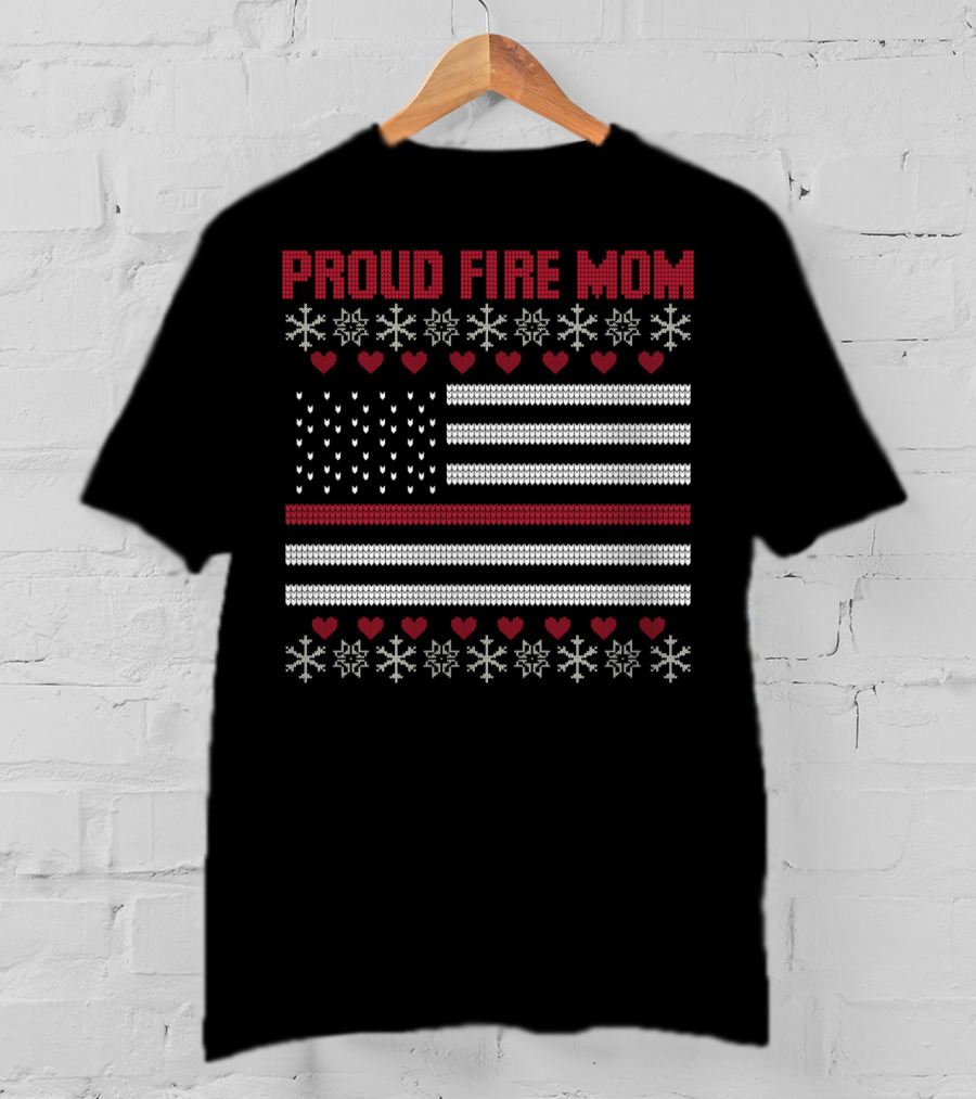 Proud Fire Mom Thin Red Line American Flag Snowflakes Hearts T-Shirt