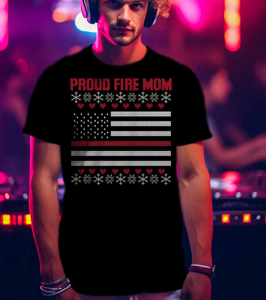 Proud Fire Mom Thin Red Line American Flag Snowflakes Hearts T-Shirt