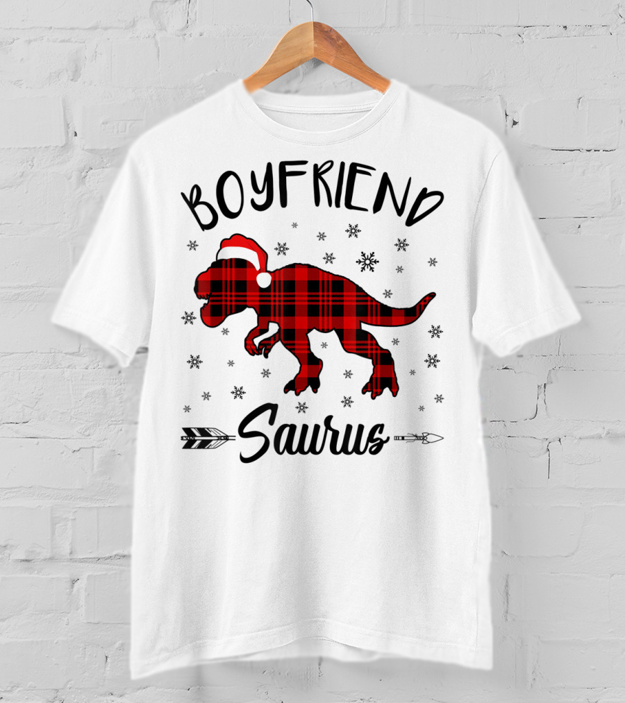 Boyfriend Saurus Red Plaid Dinosaur Christmas Hat T-Shirt