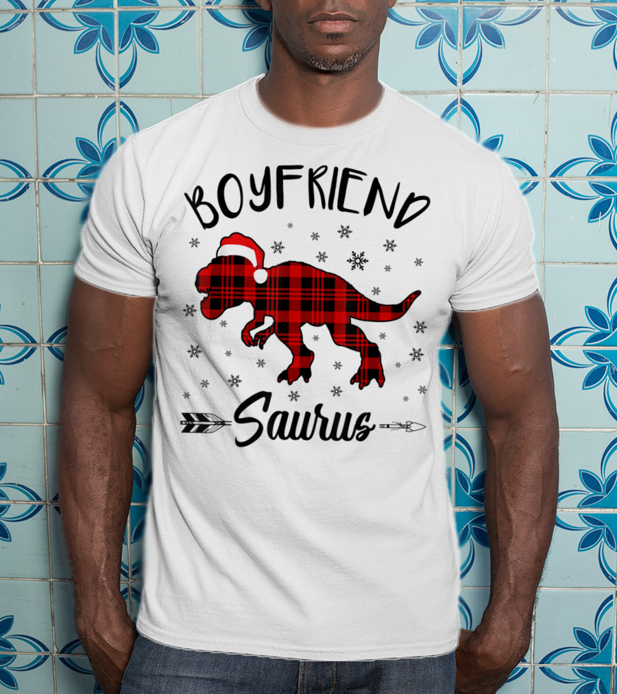Boyfriend Saurus Red Plaid Dinosaur Christmas Hat T-Shirt