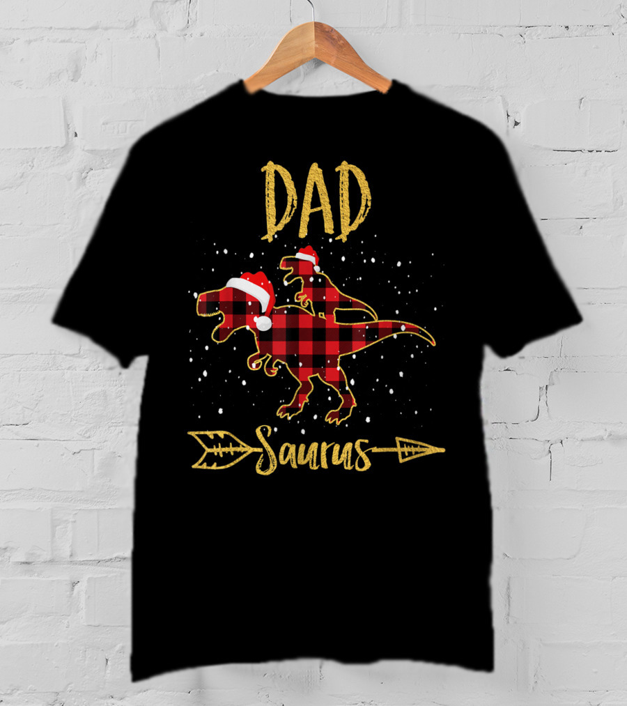 Dad Saurus Red Plaid Dinosaur With Santa Hat T-Shirt