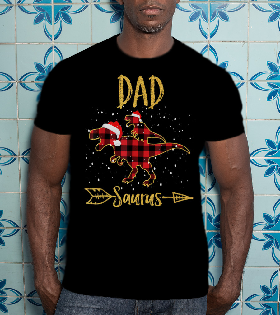 Dad Saurus Red Plaid Dinosaur With Santa Hat T-Shirt