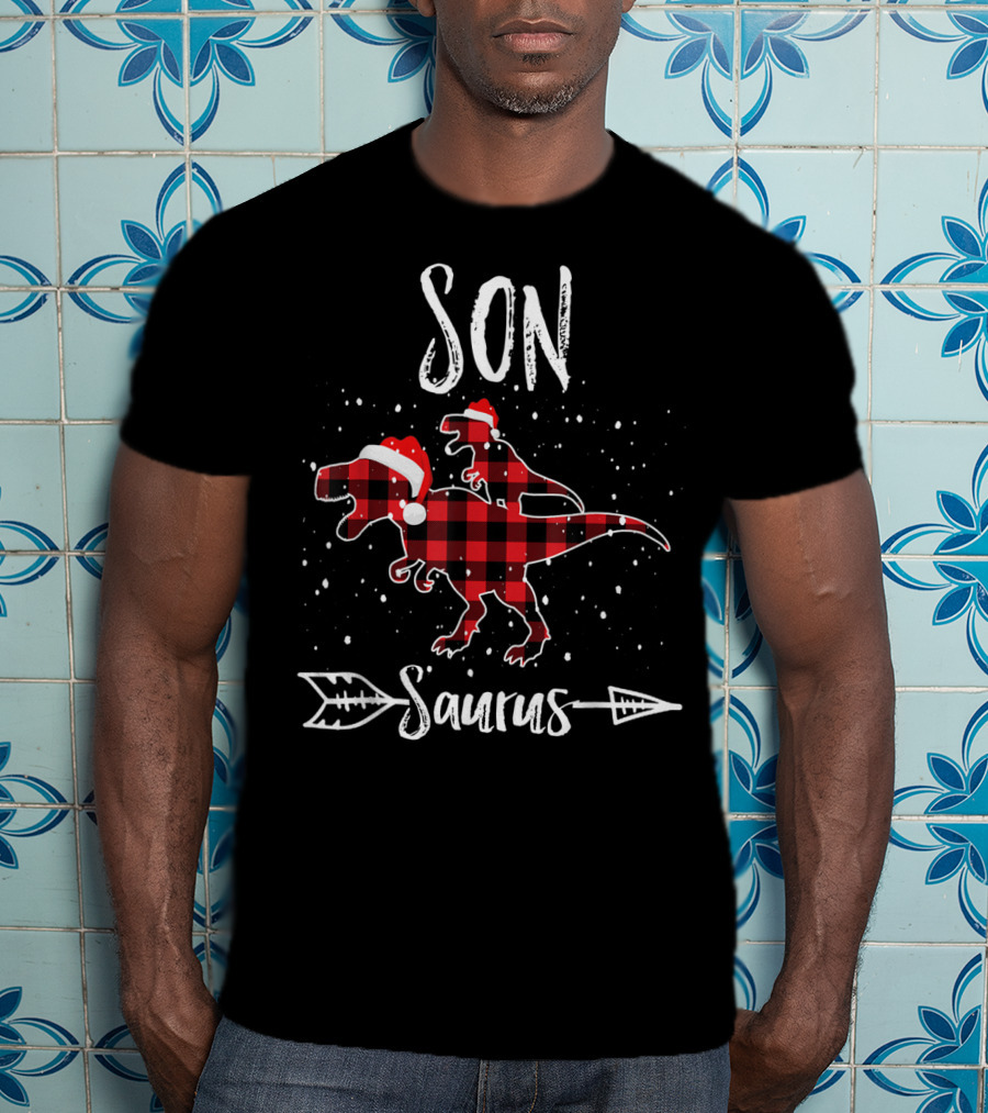 Son Saurus Red Plaid Santa Dinosaur T-Shirt