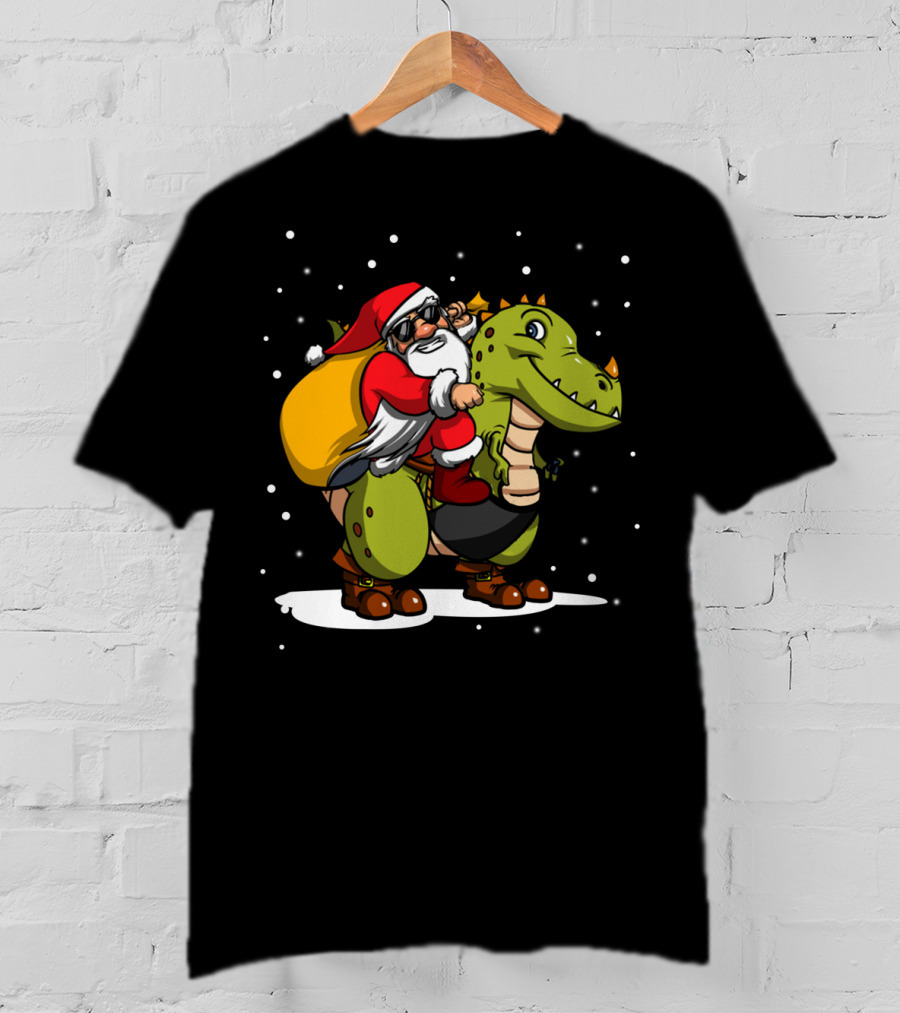 Santa Riding Dinosaur Christmas Trex Snowy Night Scene T-Shirt
