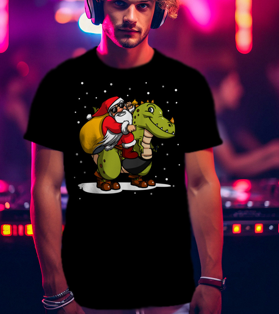 Santa Riding Dinosaur Christmas Trex Snowy Night Scene T-Shirt