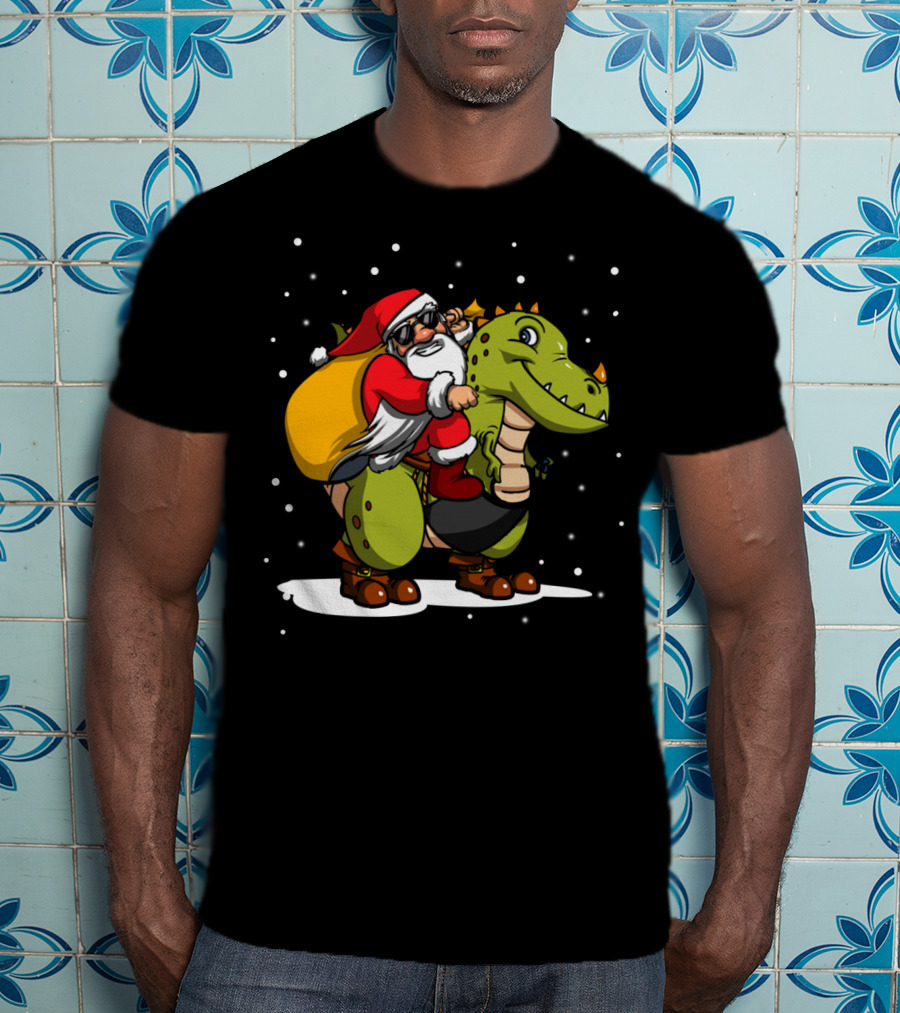 Santa Riding Dinosaur Christmas Trex Snowy Night Scene T-Shirt