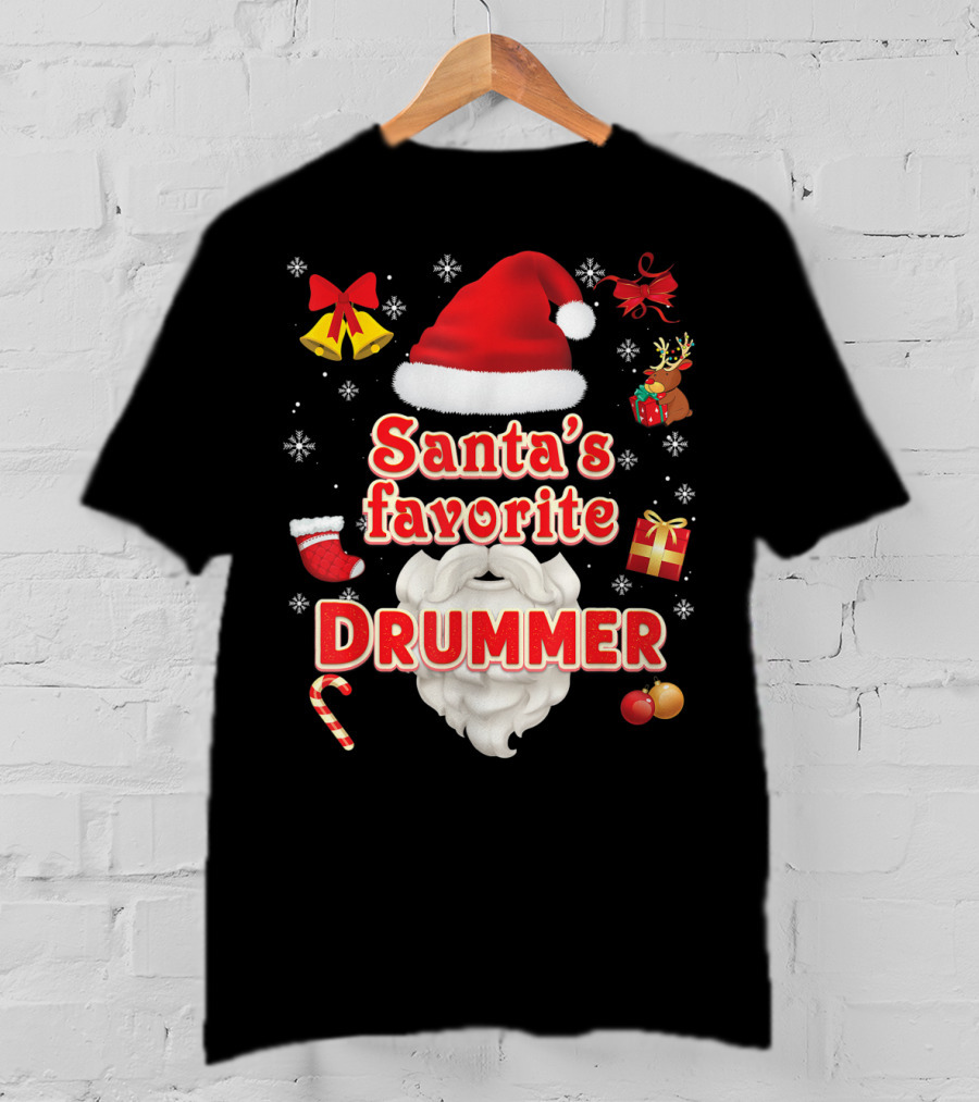 Santa's Favorite Drummer Christmas Santa Hat Reindeer Gift Bells Snowflakes Candy Cane Ornaments T-Shirt