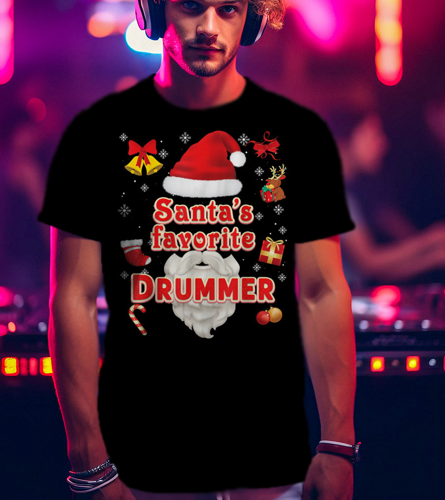 Santa's Favorite Drummer Christmas Santa Hat Reindeer Gift Bells Snowflakes Candy Cane Ornaments T-Shirt
