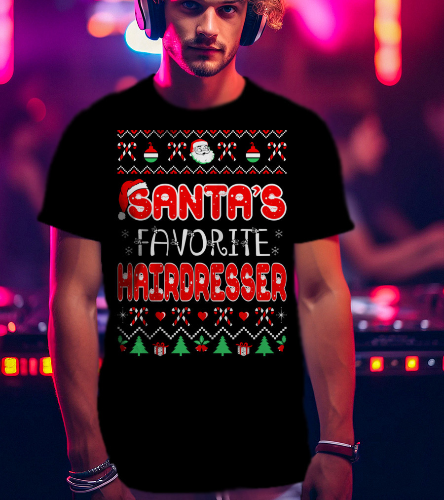 Santa's Favorite Hairdresser Christmas Candy Canes Ornament Santa Hat Snowflakes T-Shirt