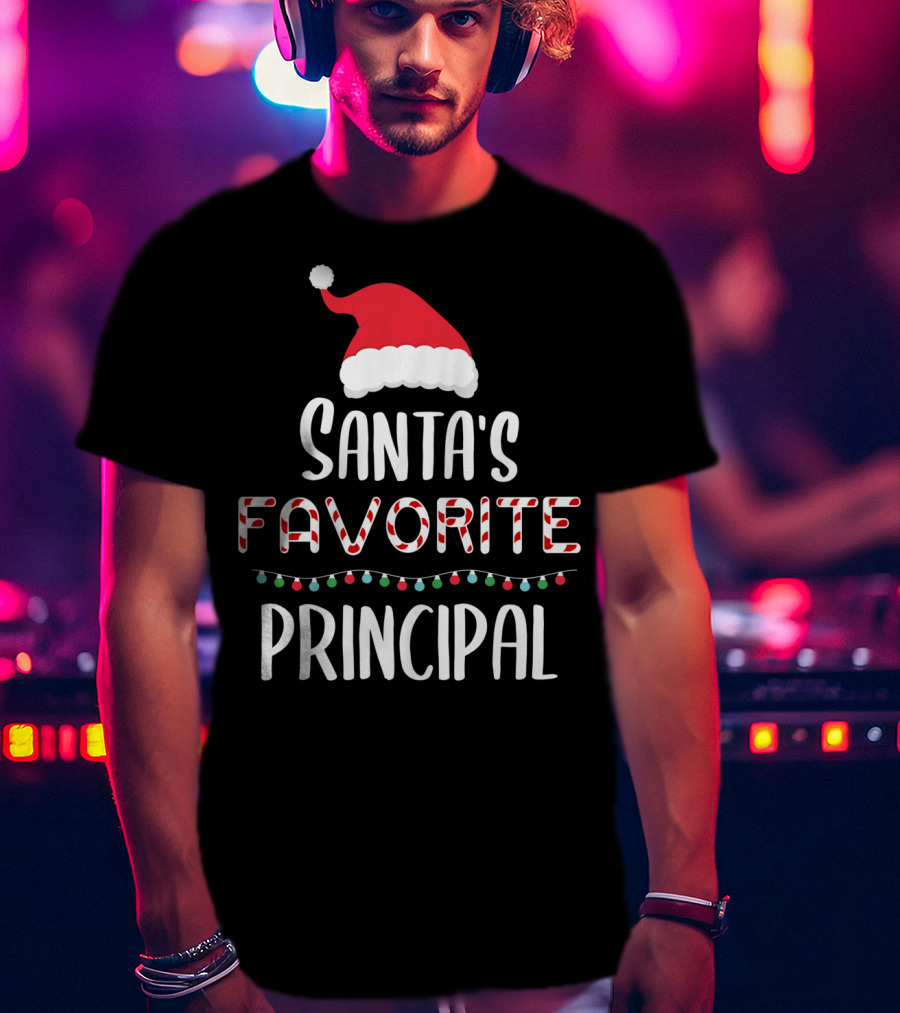 Santa's Favorite Principal Christmas Hat And Lights T-Shirt