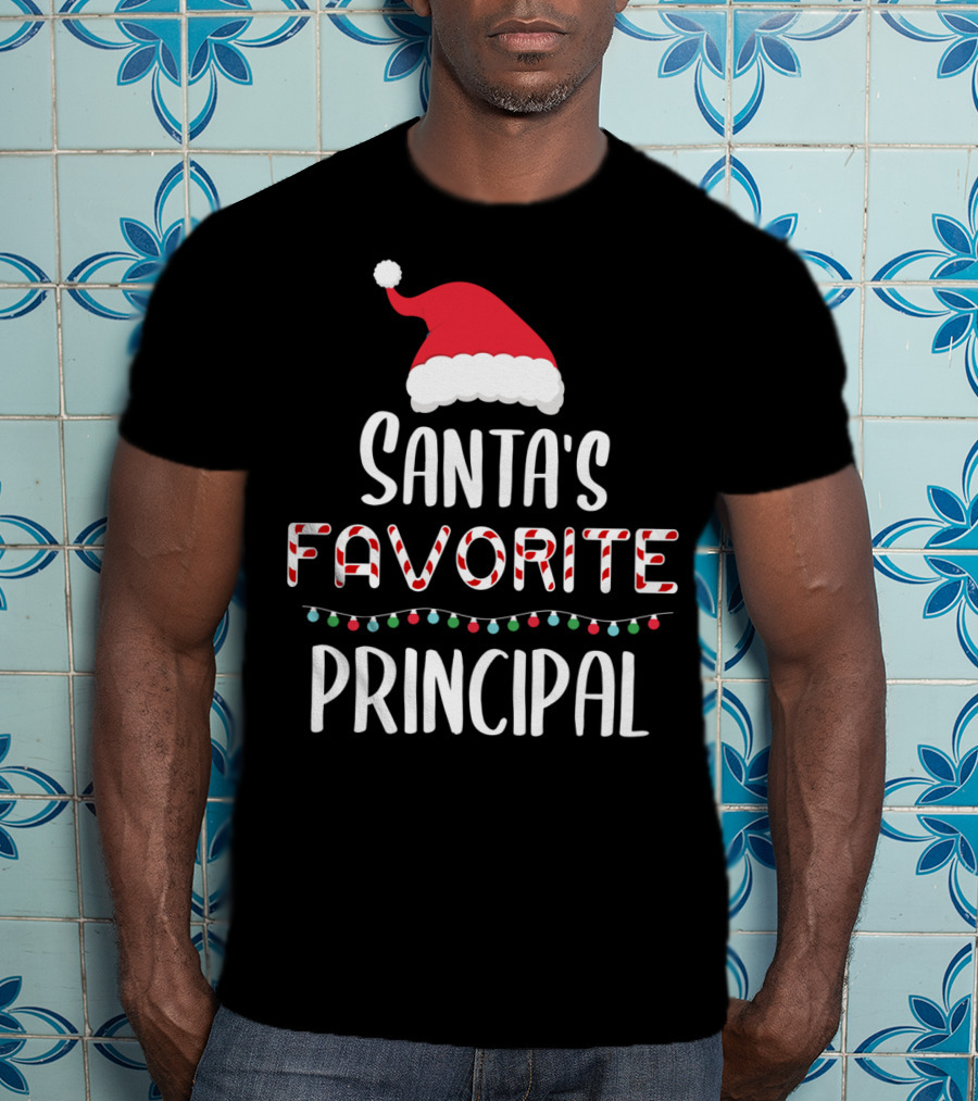 Santa's Favorite Principal Christmas Hat And Lights T-Shirt