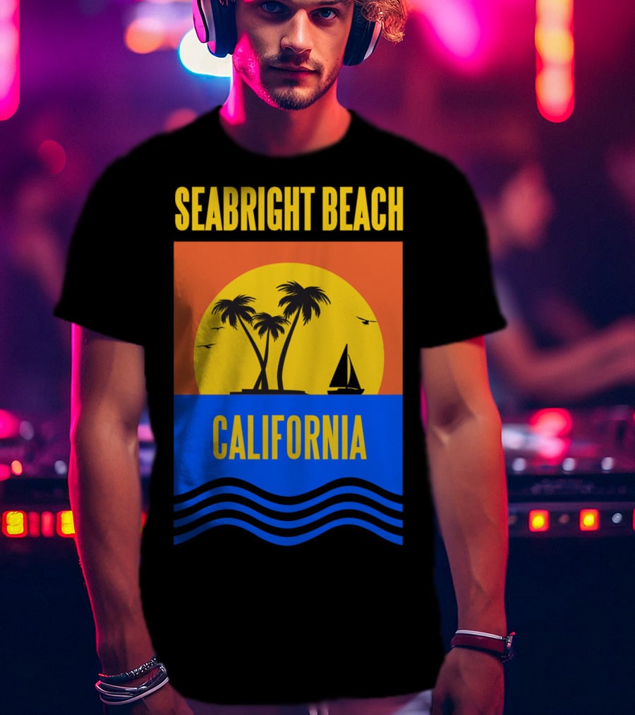 Seabright Beach California Sunset Palm Trees Sailboat Vacation T-Shirt