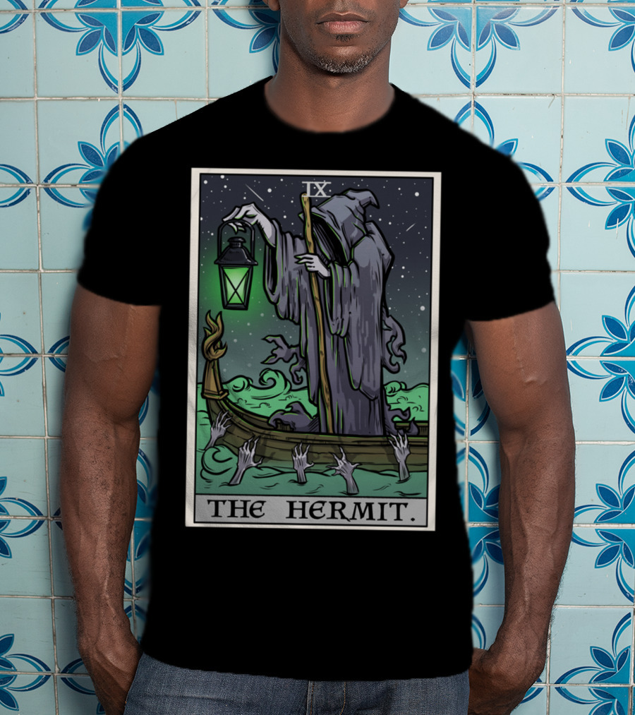 The Hermit Tarot Card IX Gothic Halloween Grim Lantern Boat T-Shirt