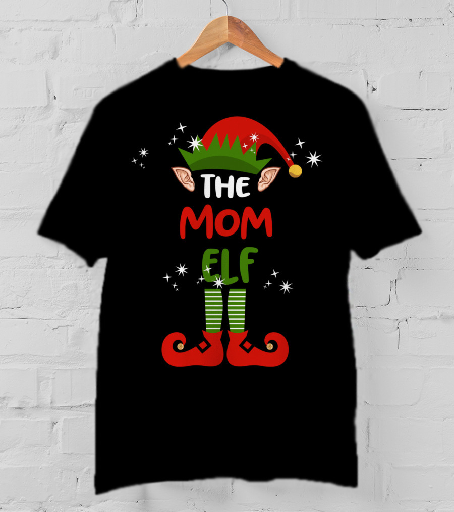 The Mom Elf Funny Christmas Elf Hat Ears Striped Socks Red Shoes T-Shirt