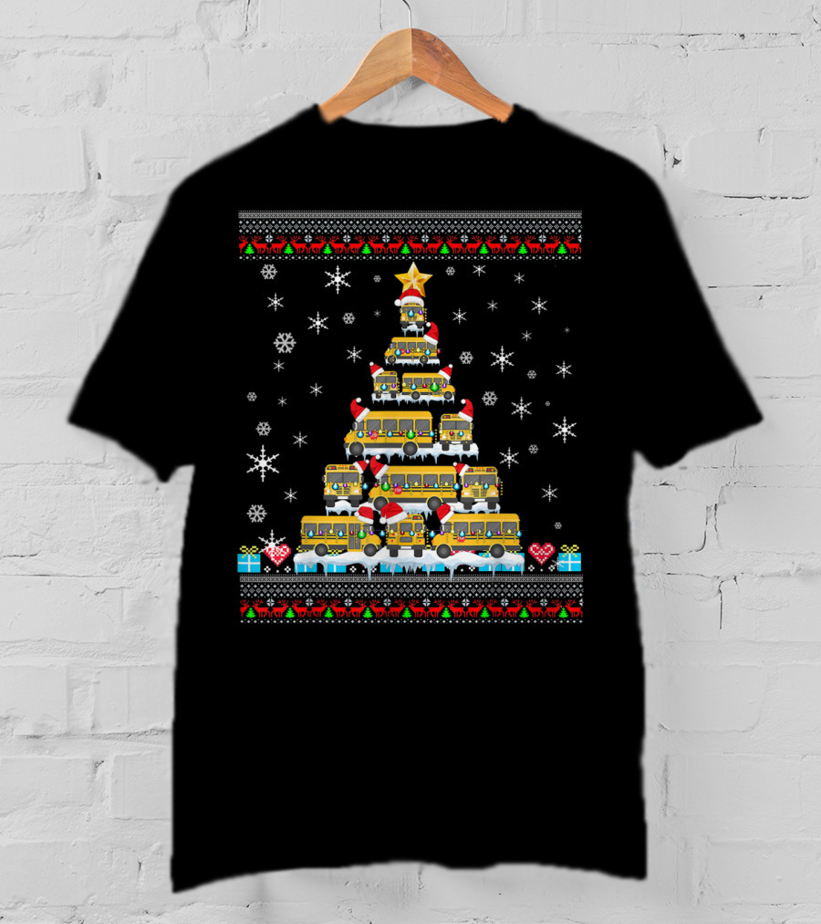 Ugly Christmas Tree Built From School Buses With Snowflakes And Holiday Decorations For Bus Driver Lovers T-Shirt
