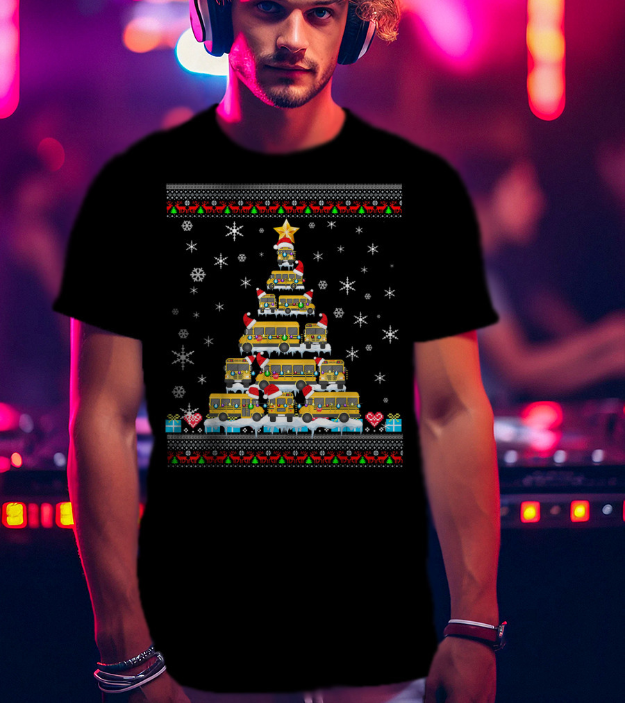 Ugly Christmas Tree Built From School Buses With Snowflakes And Holiday Decorations For Bus Driver Lovers T-Shirt