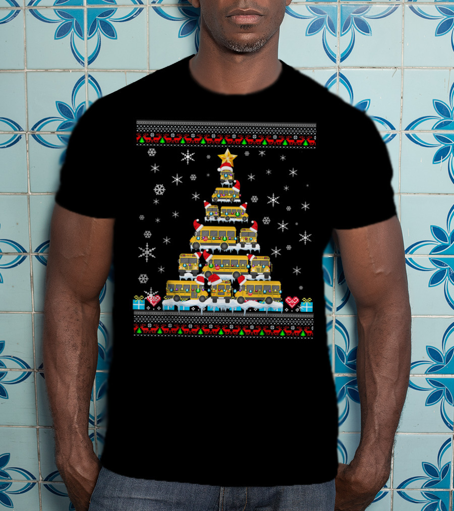 Ugly Christmas Tree Built From School Buses With Snowflakes And Holiday Decorations For Bus Driver Lovers T-Shirt