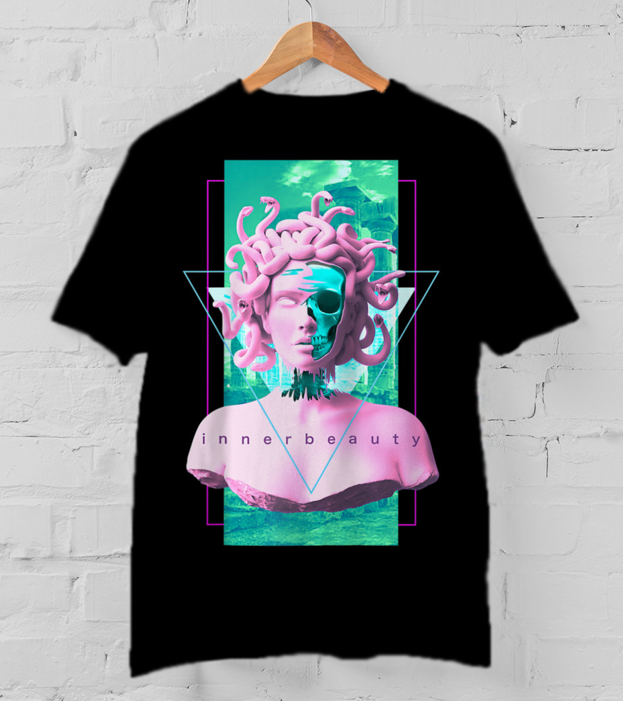 Vaporwave Inner Beauty Medusa Statue With Skull Aesthetic T-Shirt