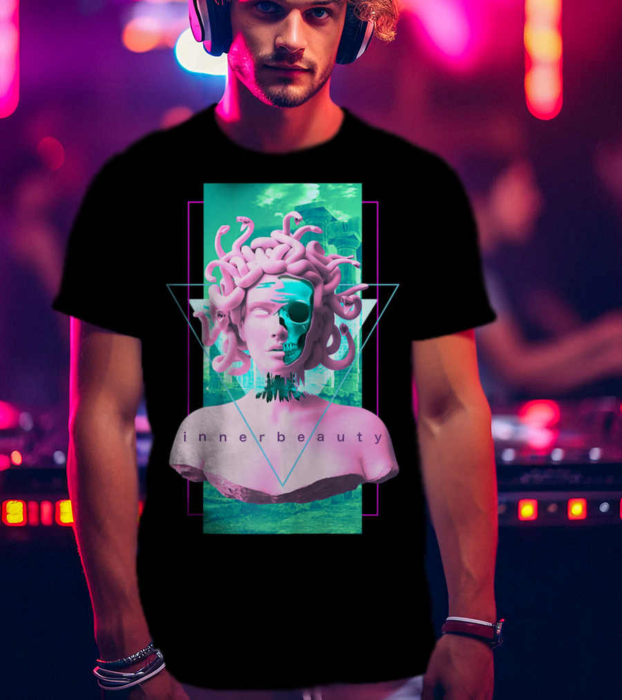 Vaporwave Inner Beauty Medusa Statue With Skull Aesthetic T-Shirt