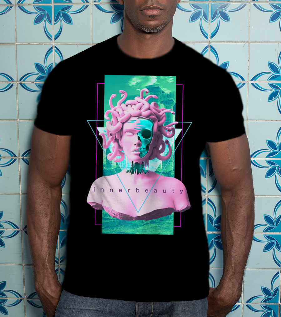 Vaporwave Inner Beauty Medusa Statue With Skull Aesthetic T-Shirt