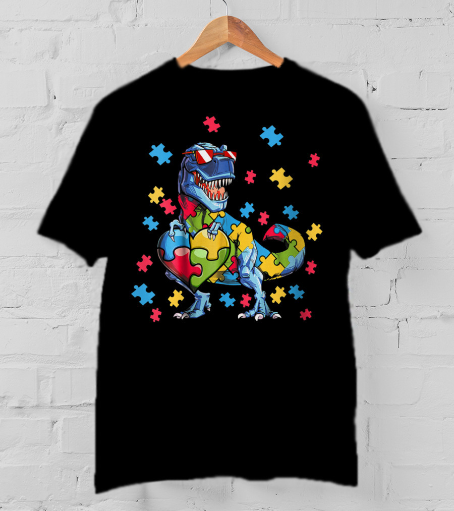 Dinosaur T-Rex Holding Puzzle Heart Autism Awareness T-Shirt