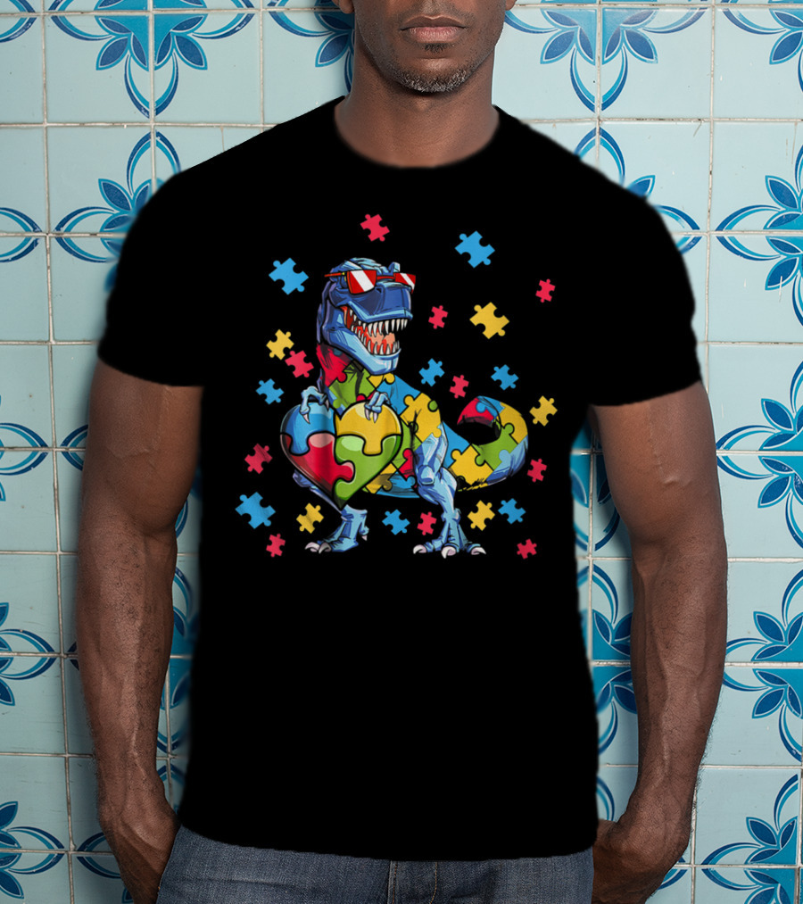 Dinosaur T-Rex Holding Puzzle Heart Autism Awareness T-Shirt