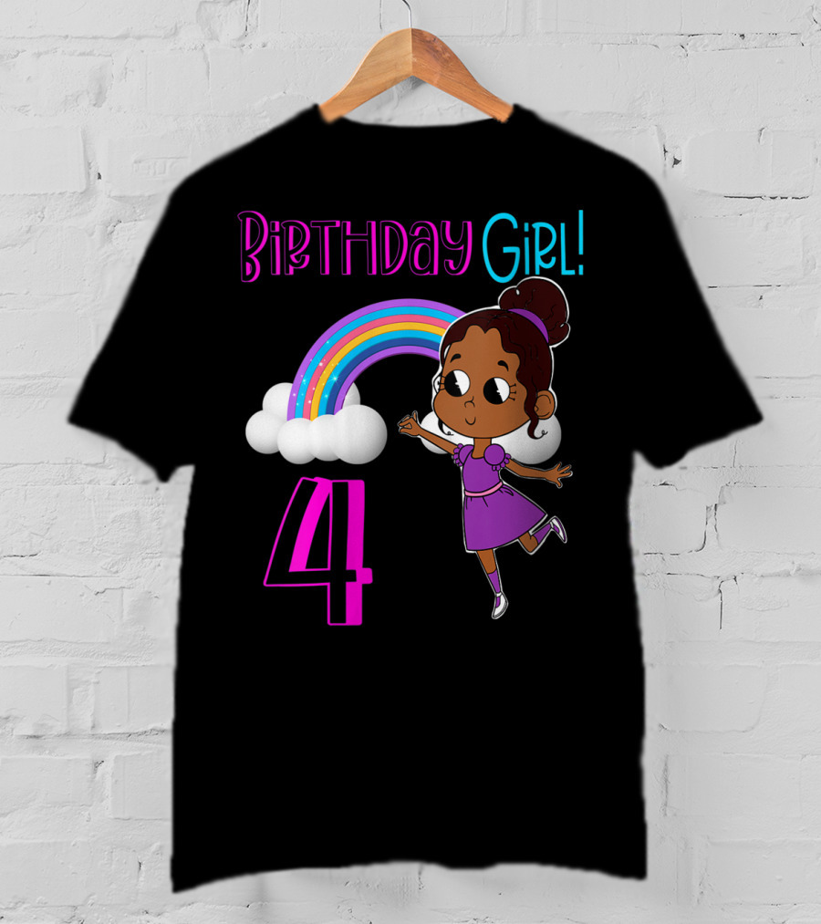 Birthday Girl 4 African American Rainbow And Girl In Purple Dress T-Shirt