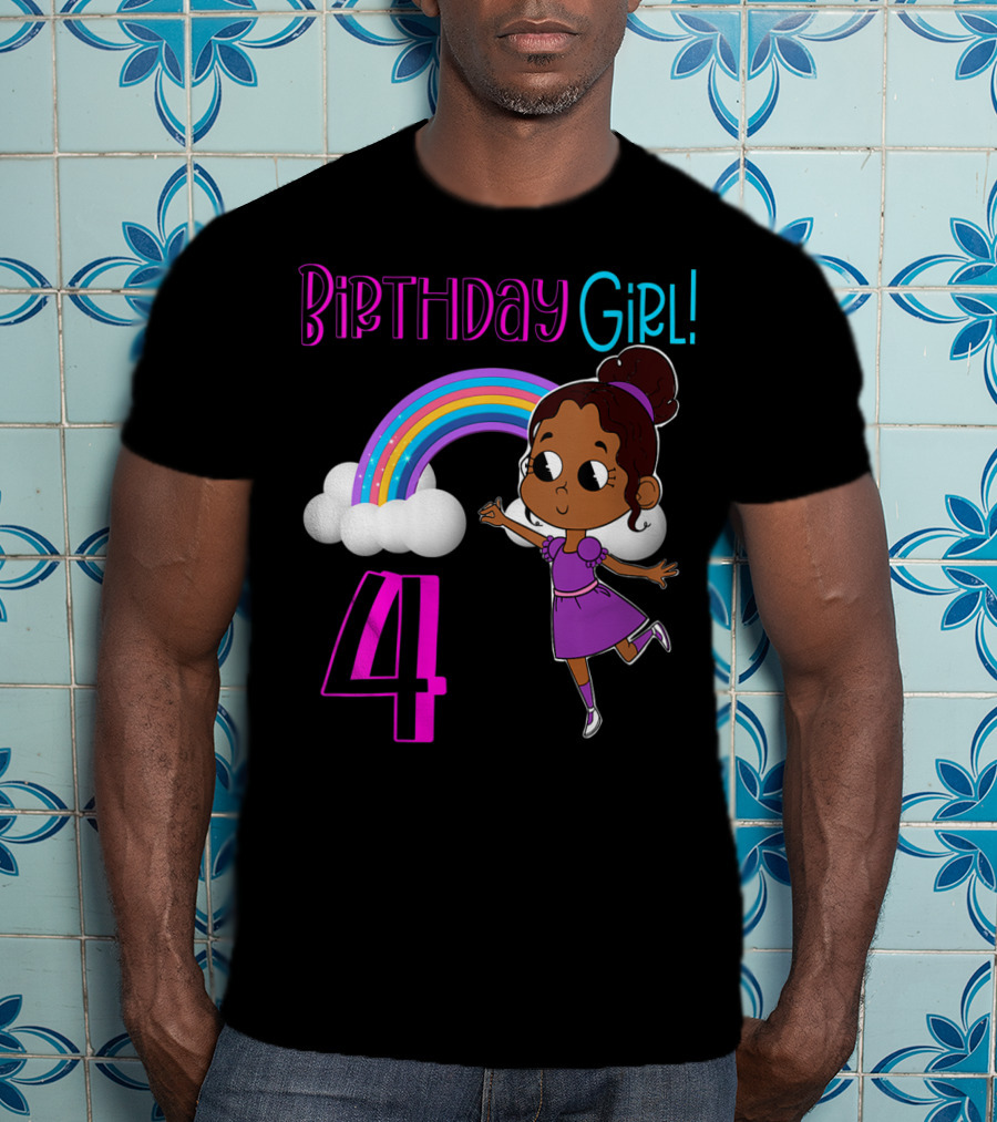 Birthday Girl 4 African American Rainbow And Girl In Purple Dress T-Shirt