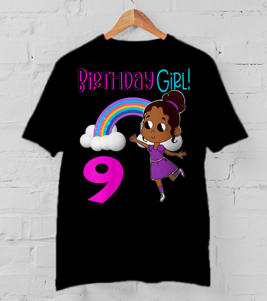 Birthday Girl 9 African American Rainbow Purple Dress T-Shirt