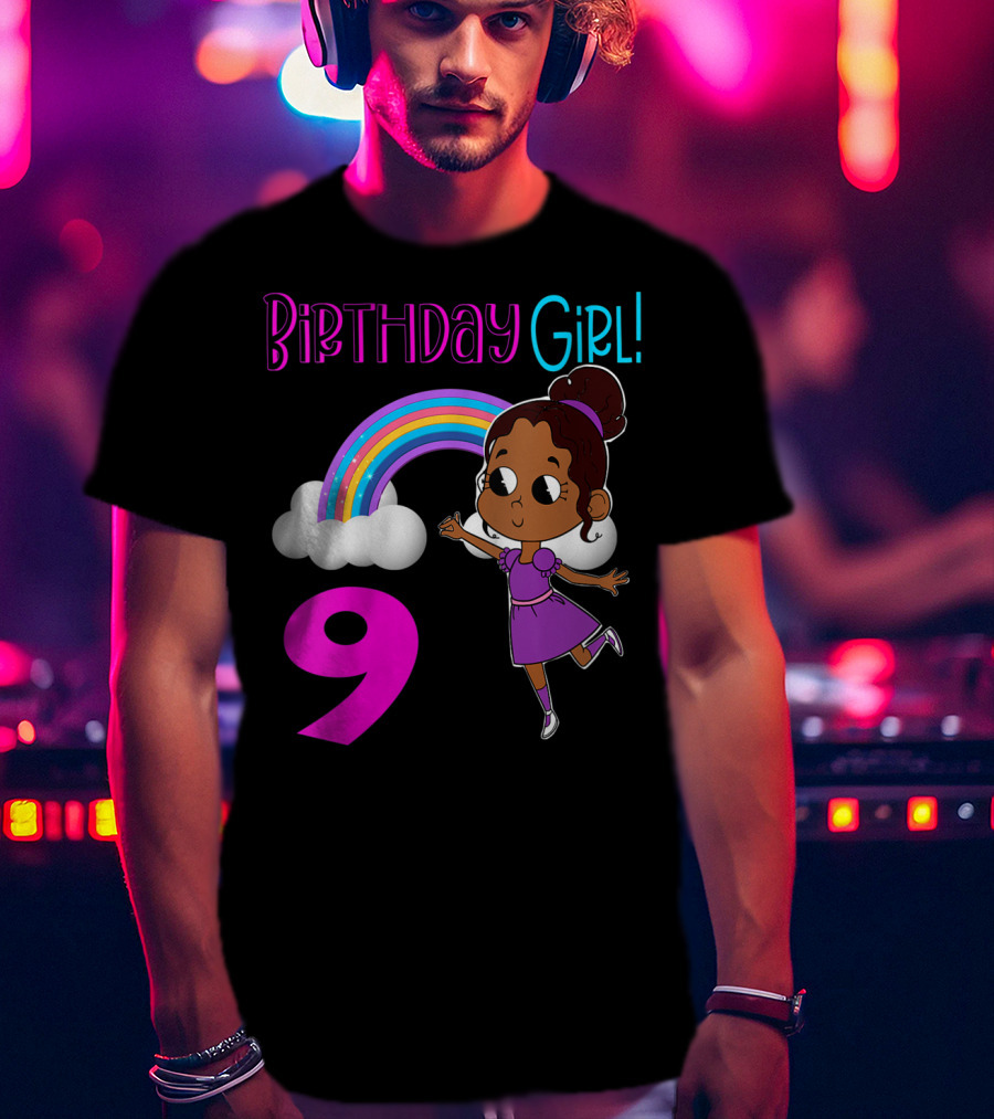 Birthday Girl 9 African American Rainbow Purple Dress T-Shirt