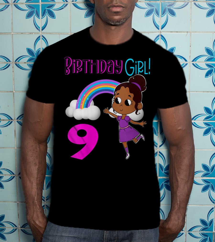 Birthday Girl 9 African American Rainbow Purple Dress T-Shirt