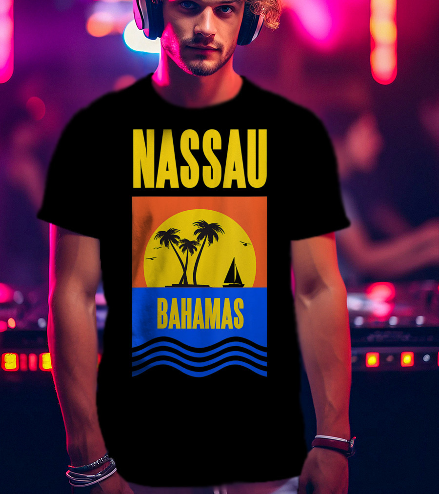 Nassau Bahamas Sunset Palm Trees And Sailboat Ocean Waves T-Shirt