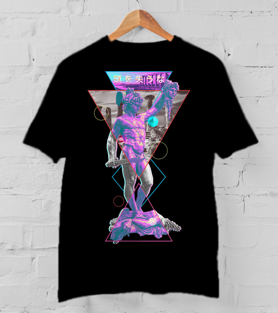 Perseus And Medusa Vaporwave Aesthetic With Japanese Text And Geometric Shapes T-Shirt