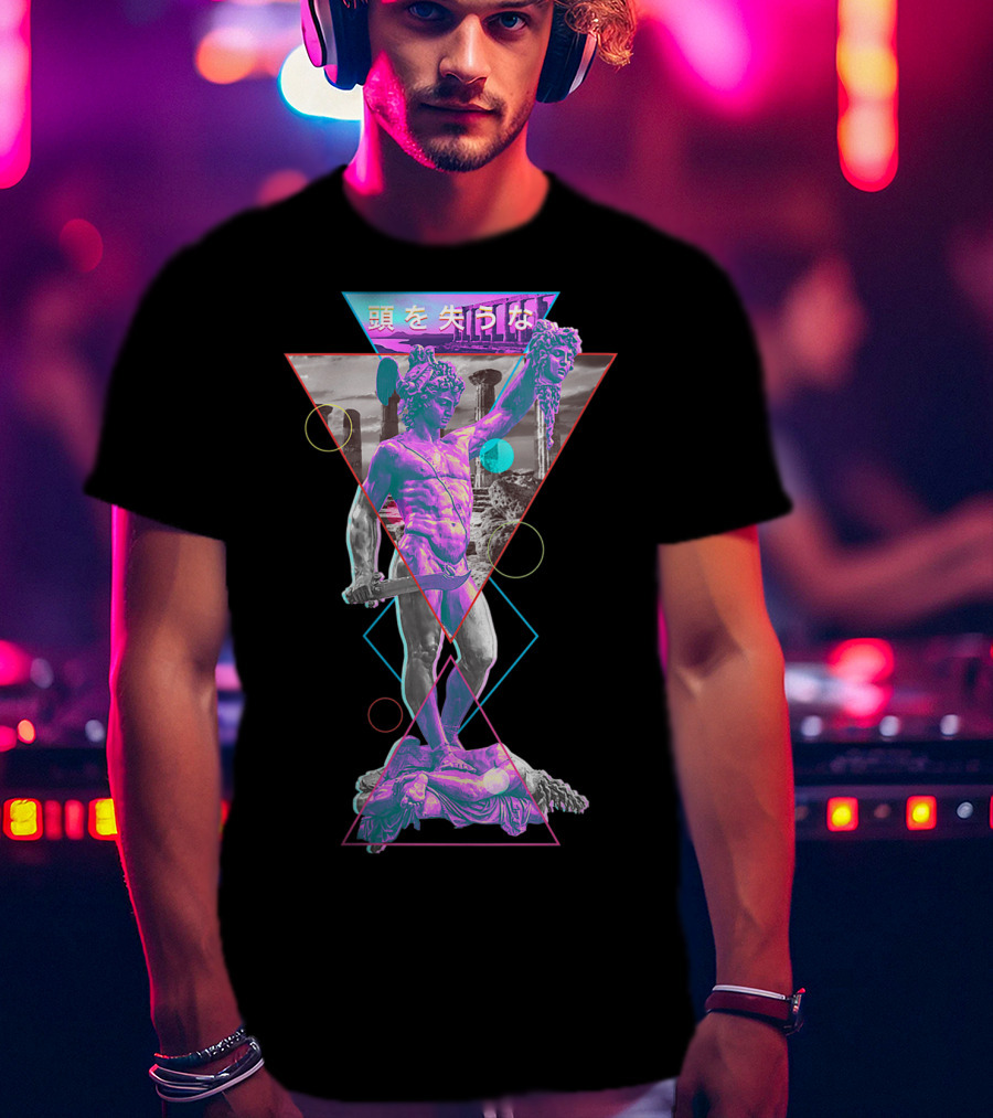 Perseus And Medusa Vaporwave Aesthetic With Japanese Text And Geometric Shapes T-Shirt