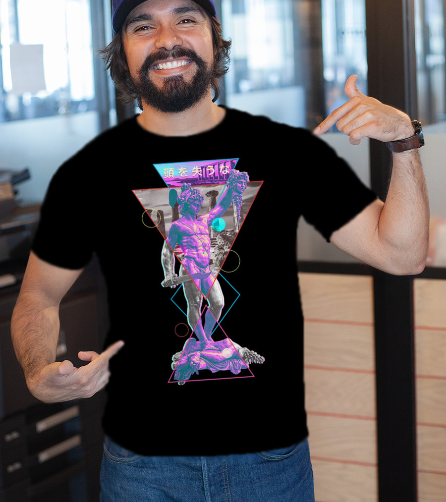 Perseus And Medusa Vaporwave Aesthetic With Japanese Text And Geometric Shapes T-Shirt